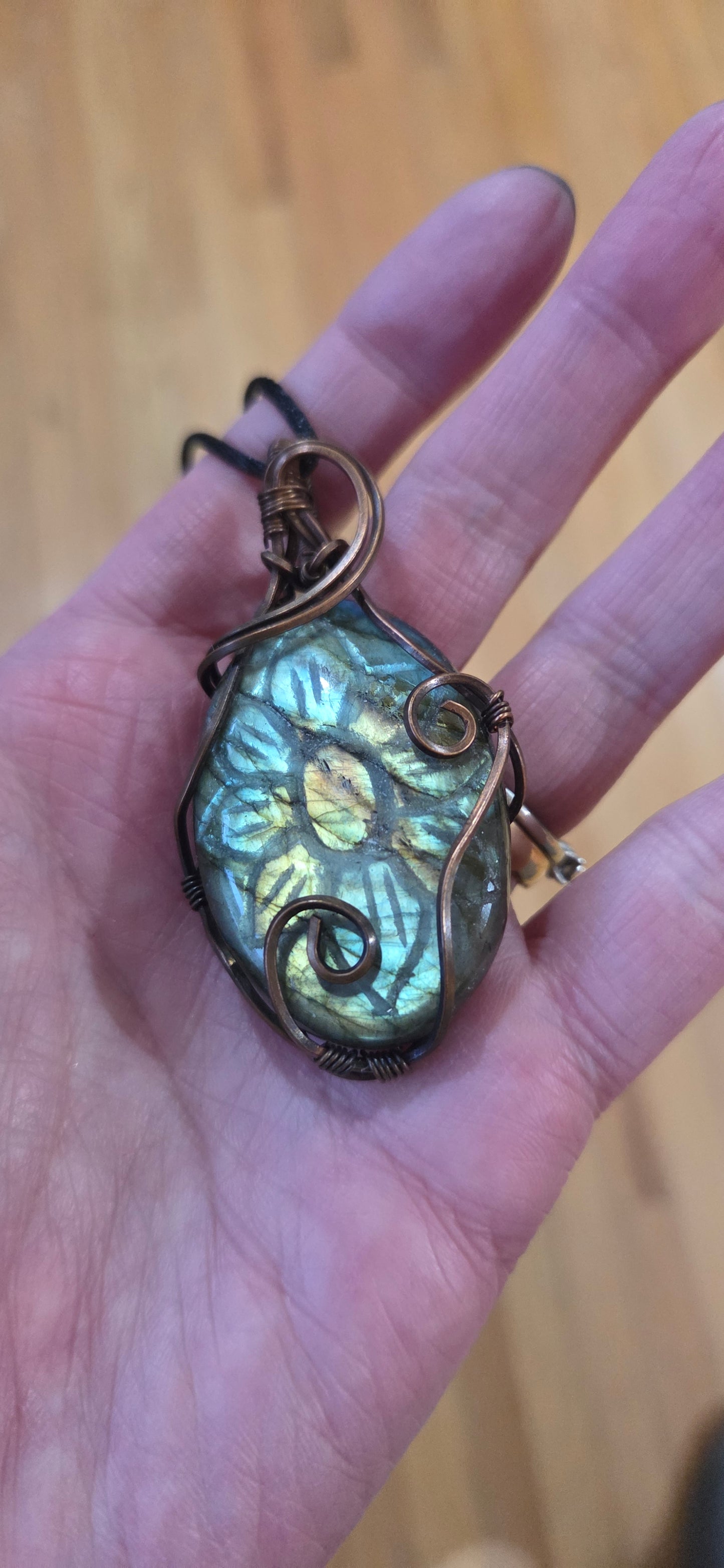 Labradorite, carved- wrapped in aged copper