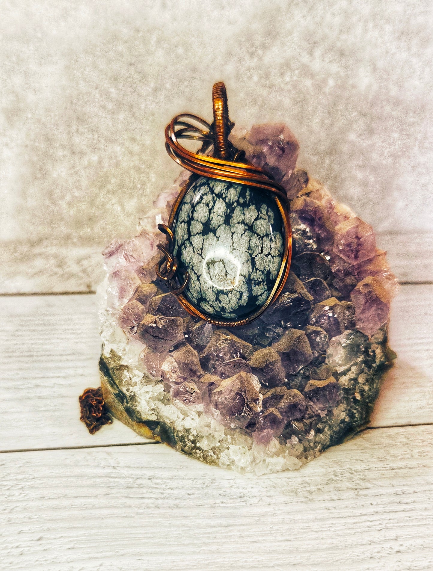 Snowflake Obsidian wrapped in aged copper