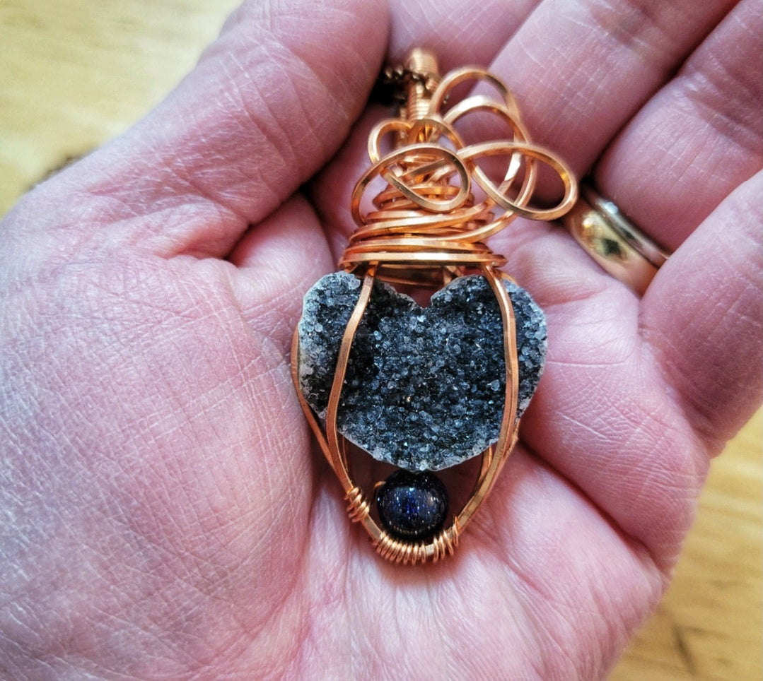 Amethyst and Blue Goldstone wrapped in copper