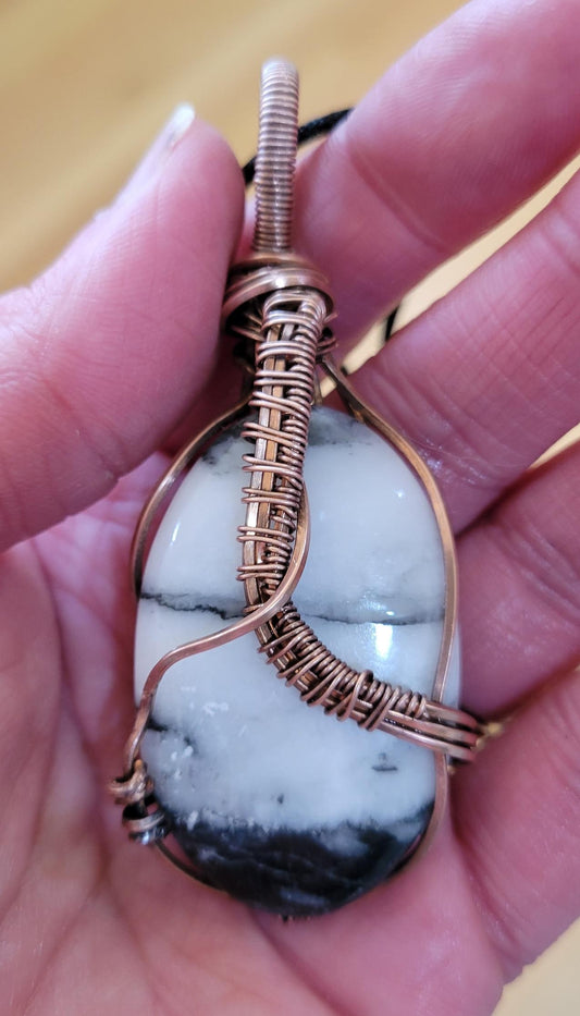 Black Zebra Jasper-wrapped in aged copper-comes on a black cord