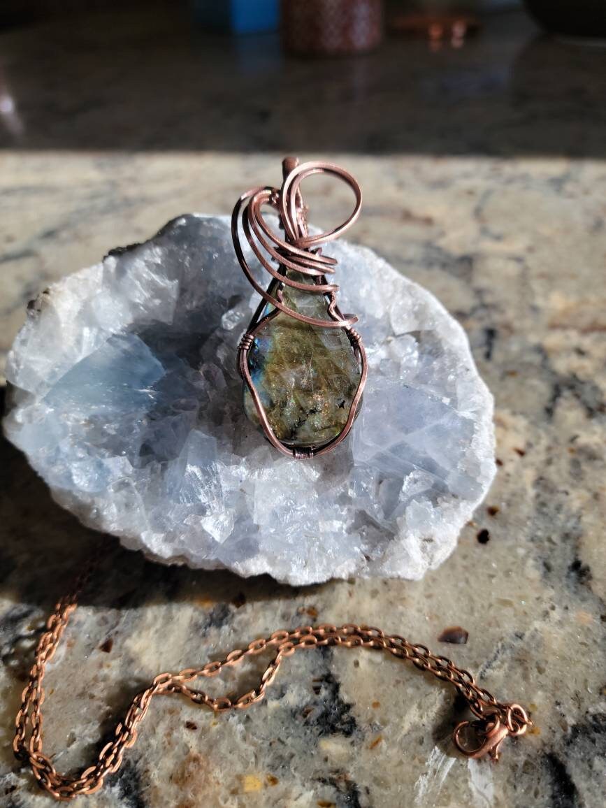 Labradorite pendant wrapped in aged copper