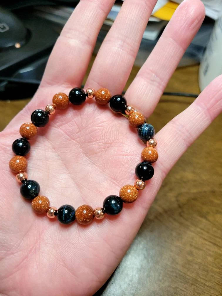 Blue Tiger's Eye and Goldstone beaded bracelet