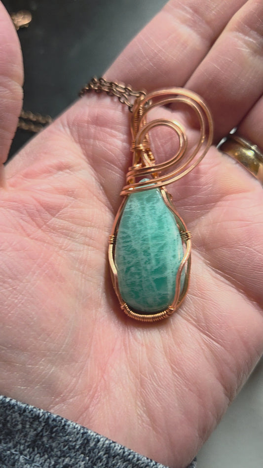 Amazonite copper wire wrapped pendant