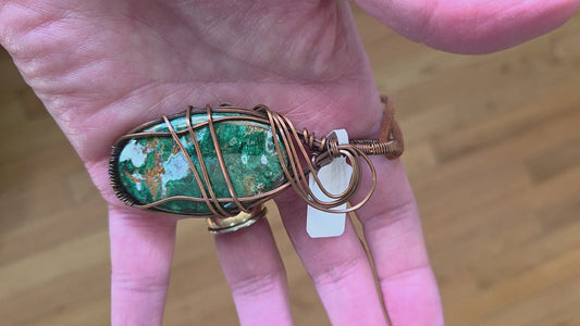 Malachite Chrysocolla wrapped in aged copper