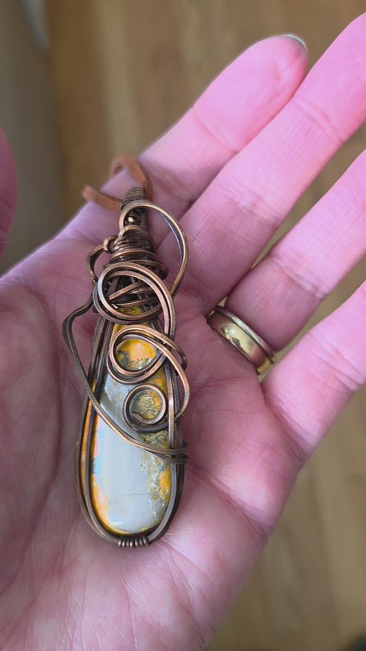 Bumblebee Jasper wrapped in aged copper comes on a cord