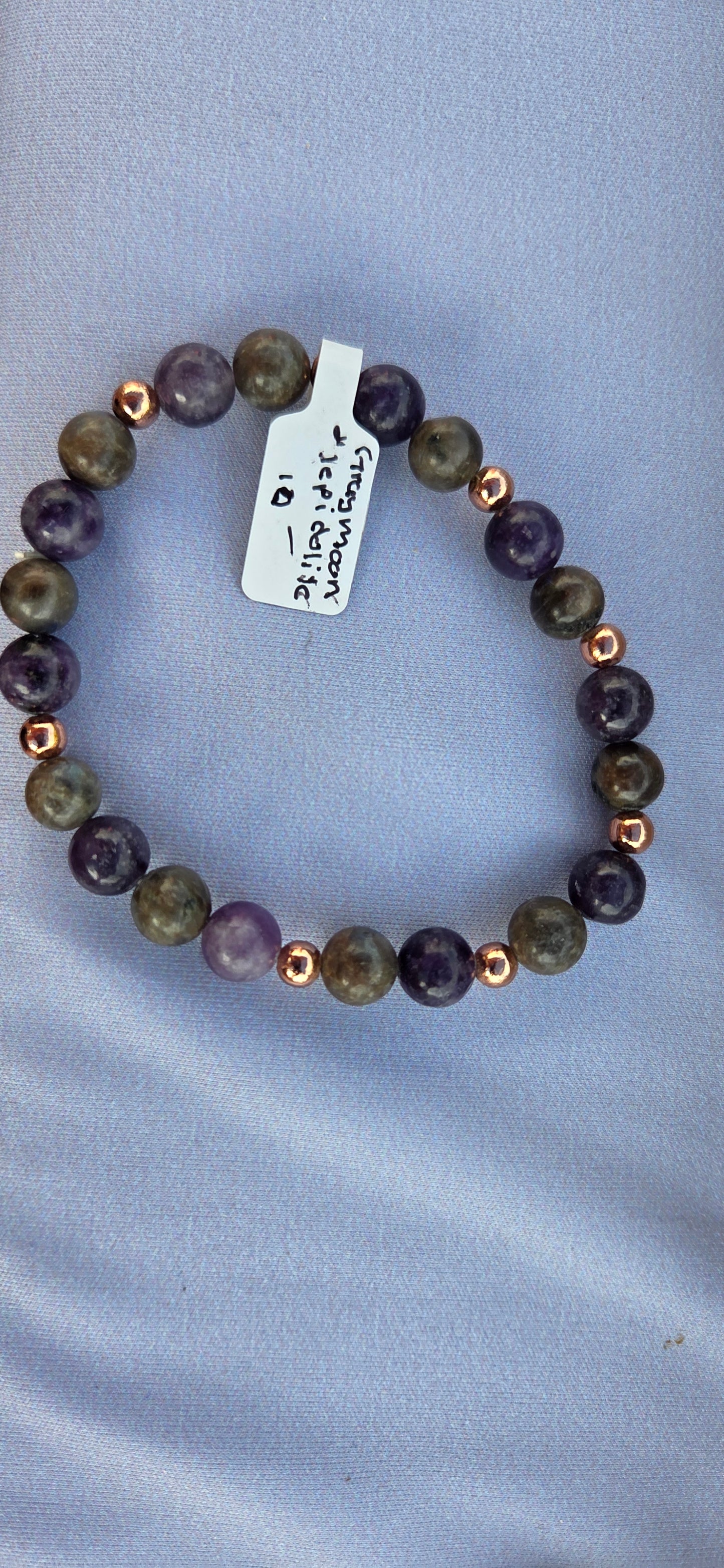 Gray Moonstone, lepidolite, and copper beaded bracelet