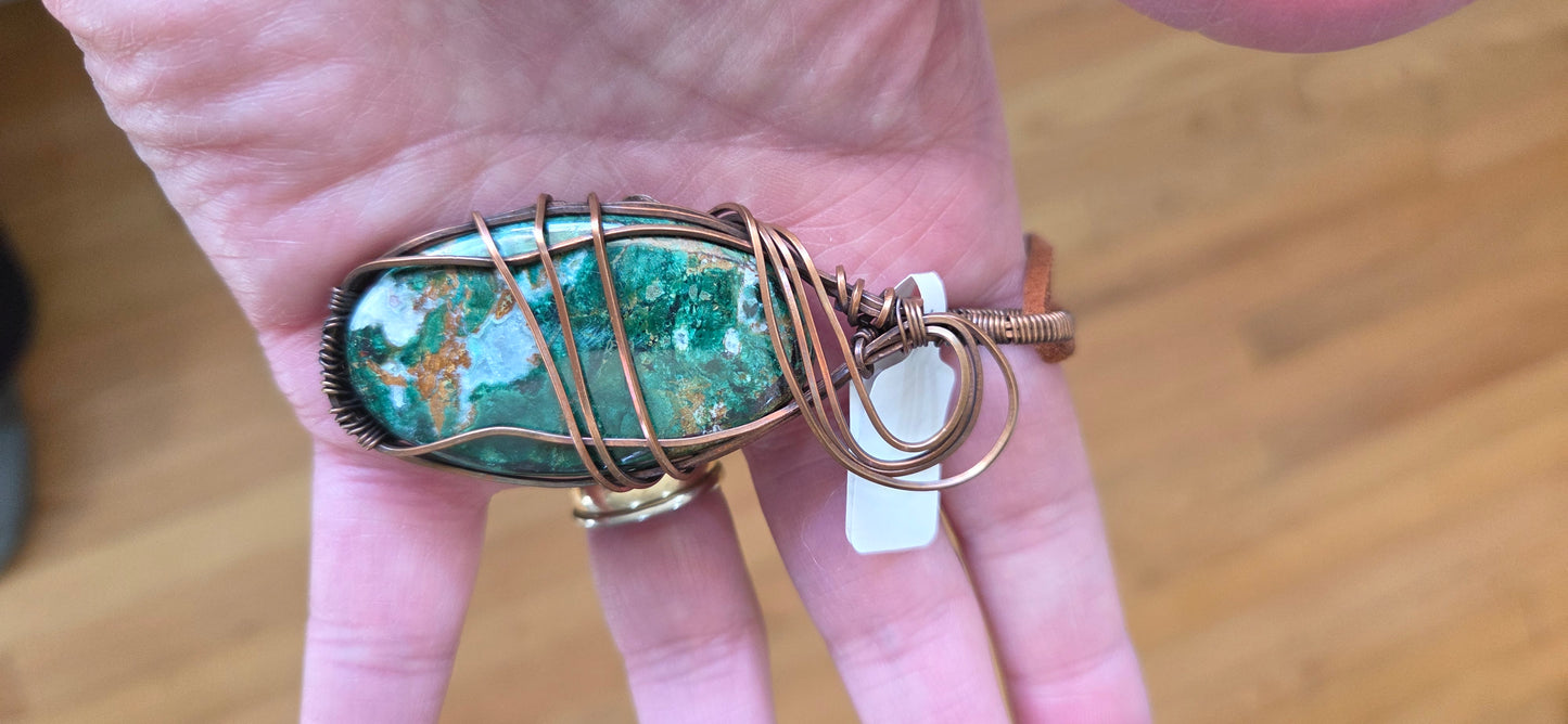 Malachite Chrysocolla wrapped in aged copper