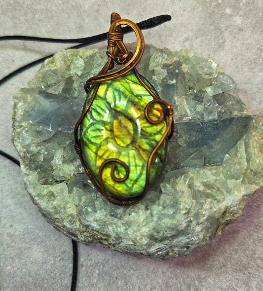 Labradorite, carved- wrapped in aged copper