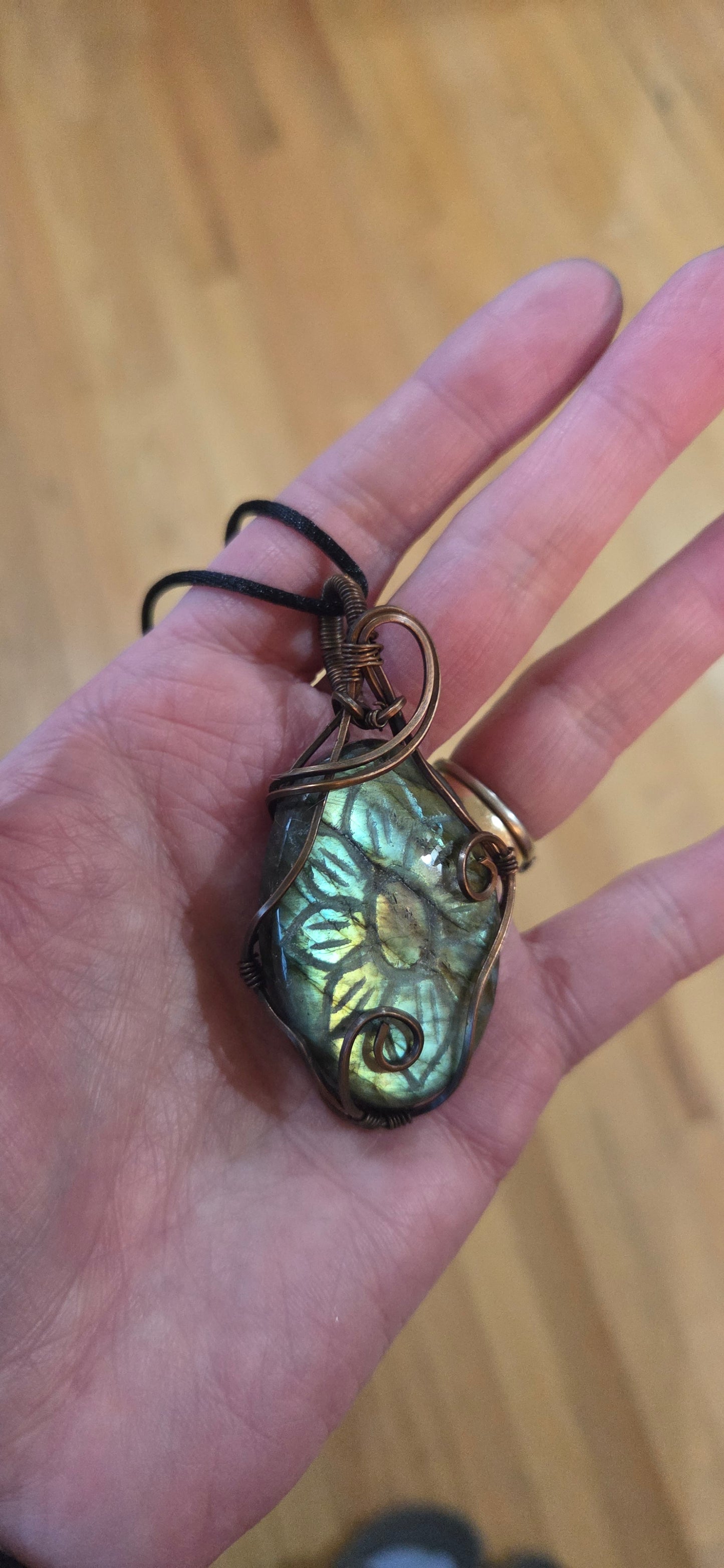 Labradorite, carved- wrapped in aged copper
