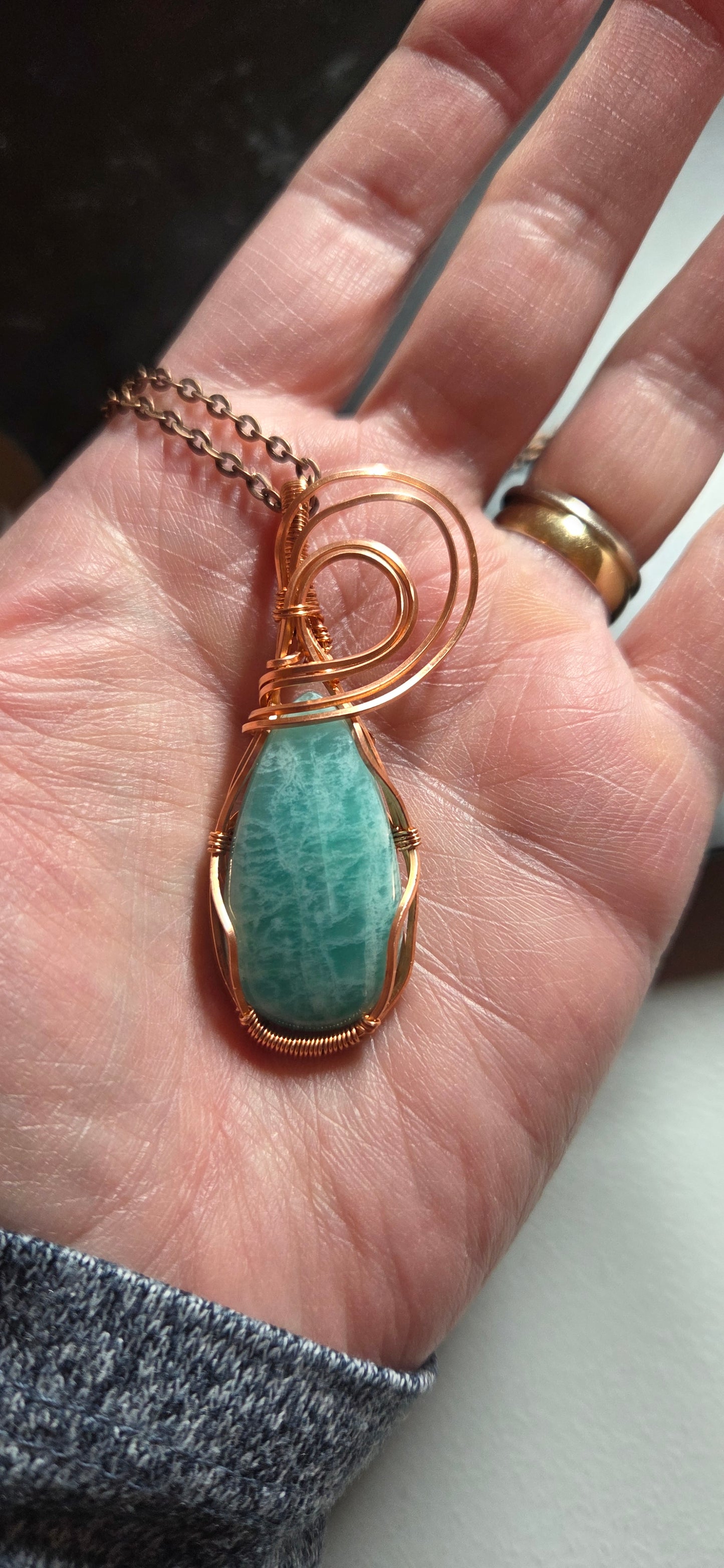 Amazonite copper wire wrapped pendant