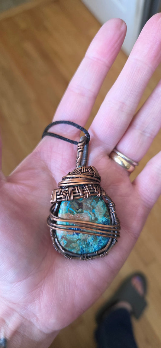 Chrysocolla wrapped in aged copper