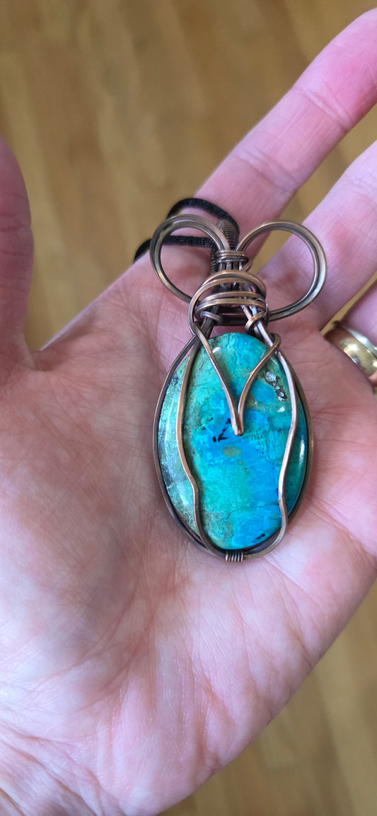 Chrysocolla wrapped in aged copper